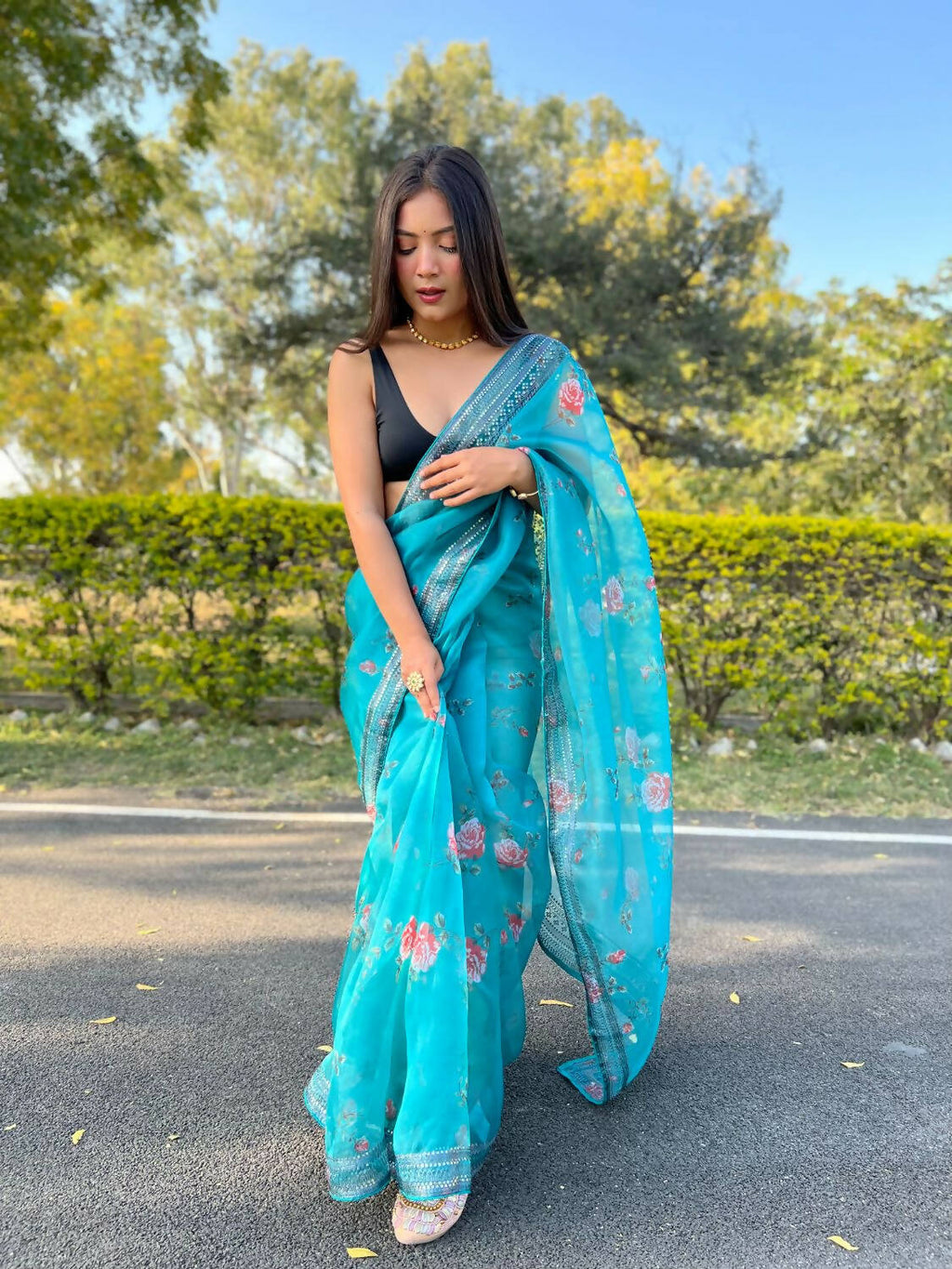 Vamsee Sky Blue Organza Saree | Grocsy