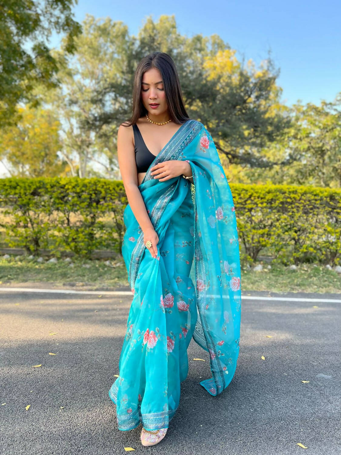 Vamsee Sky Blue Organza Saree | Grocsy