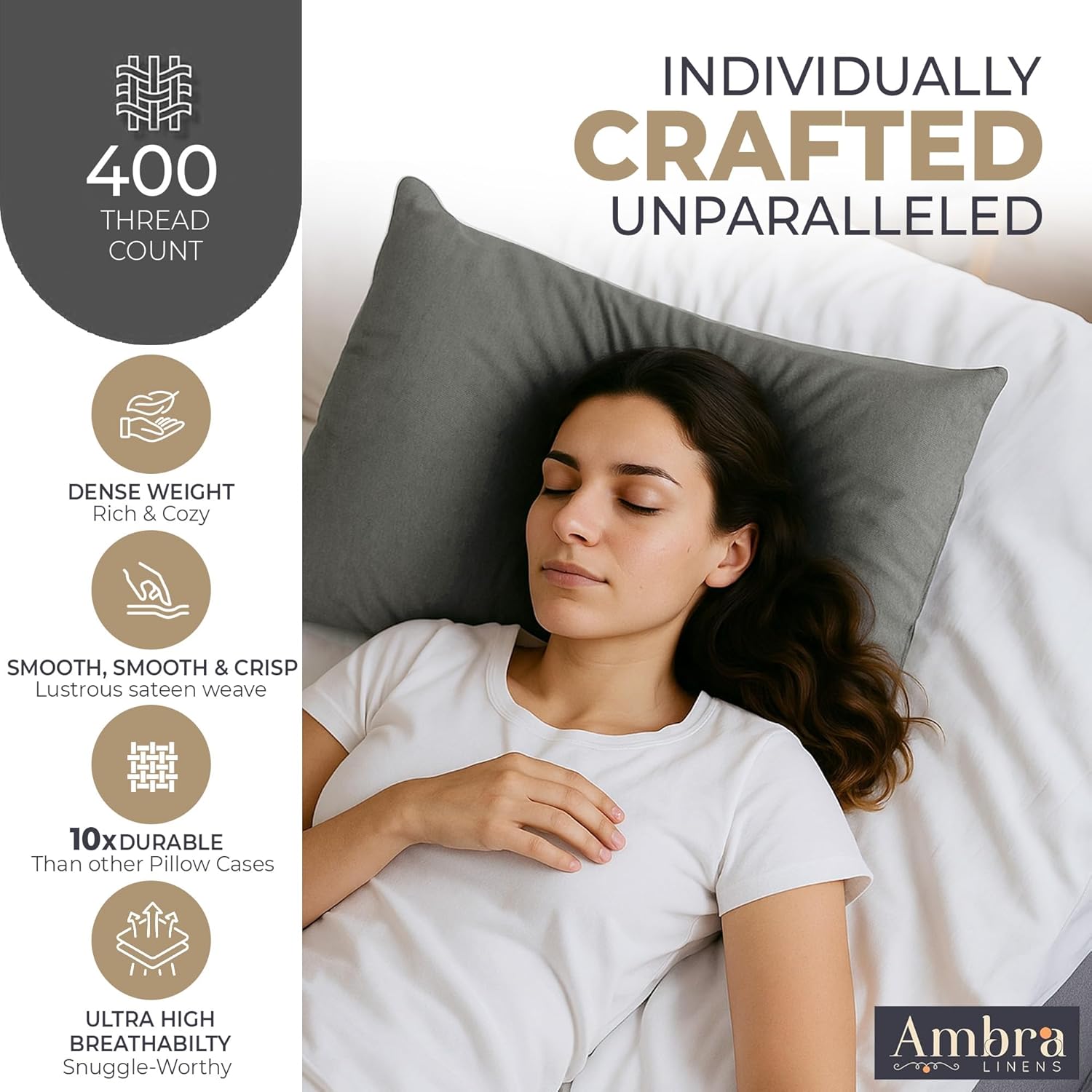 Ambra Linens Ultra Soft Pillow Protectors 400TC Set of 2 Breathable Pillow Covers-Grey | Grocsy