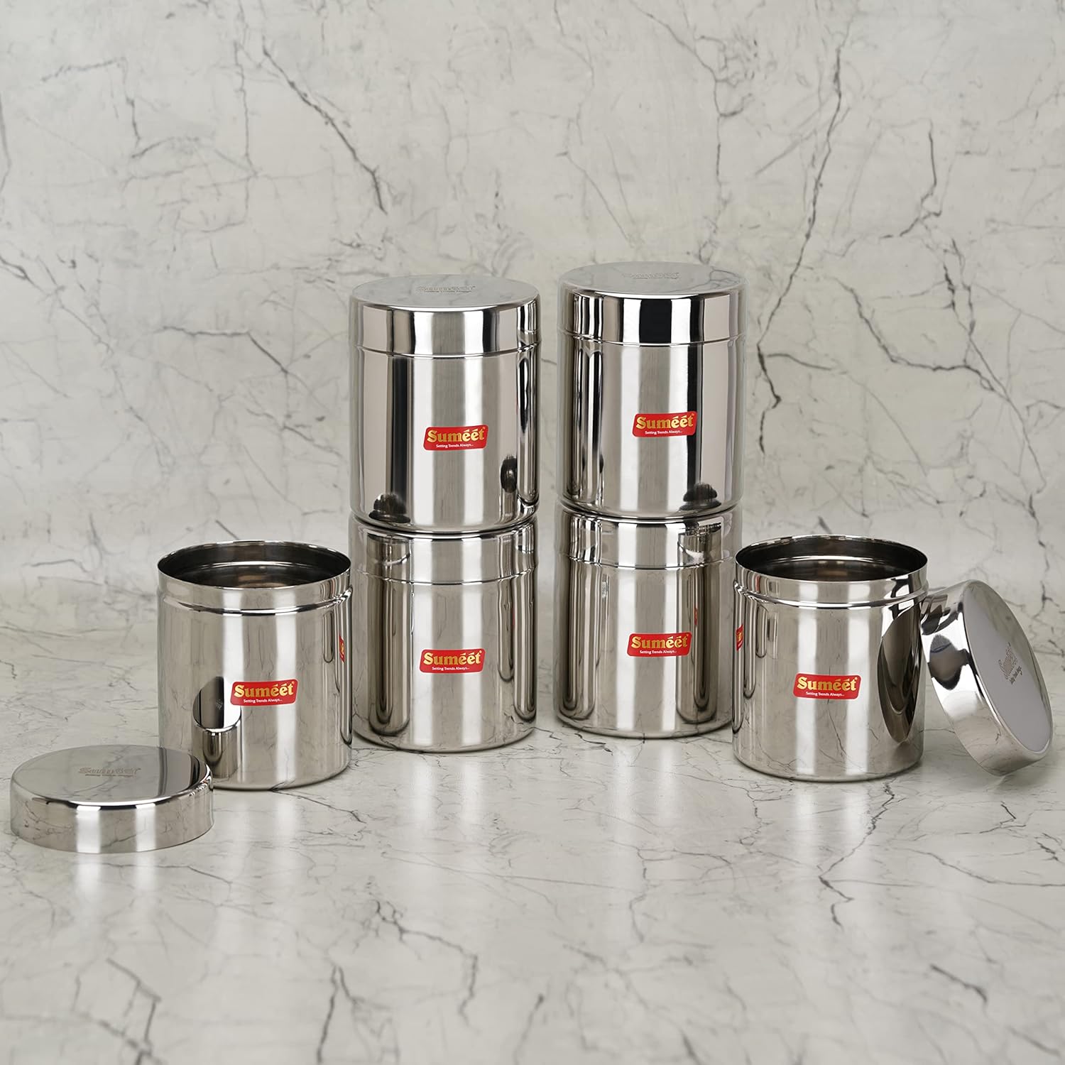 Sumeet Stainless Steel Small Canisters/Jars/Ubha Dabba/Storage Containers set of 6Pcs, 750 ML Capacity Each | Grocsy