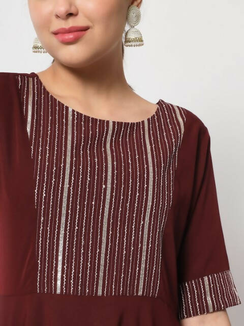 FIORRA Women's Maroon Poly Crepe Flared Kurta With Dupatta | Grocsy