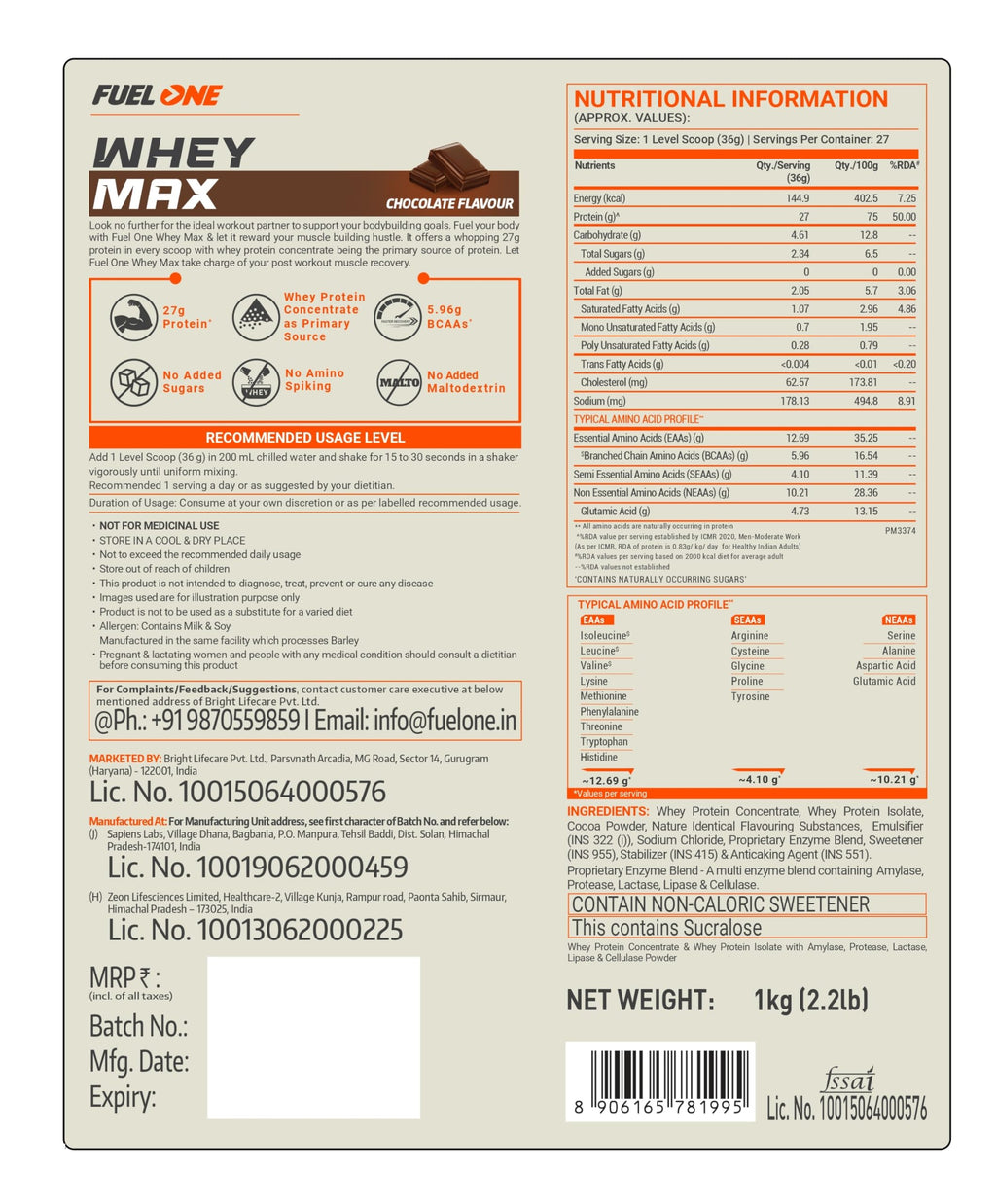FUELONE Whey Max - Chocolate and Creatine Monohydrate Combo | Grocsy