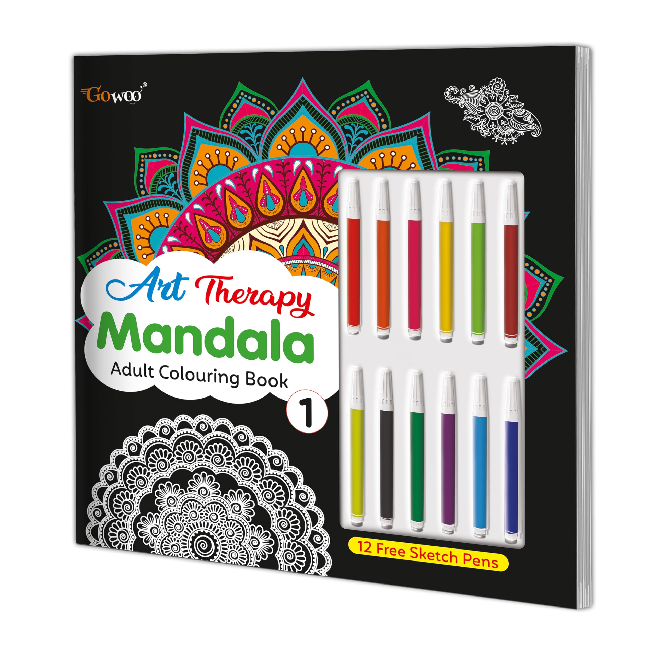 Art Therapy Mandala Adult Colouring Book 1: Mandala Colouring Book, Adult Coloring Book Kit With 12 Sketch Pens, Fun For Adults, Relaxing Coloring Workbook | Grocsy