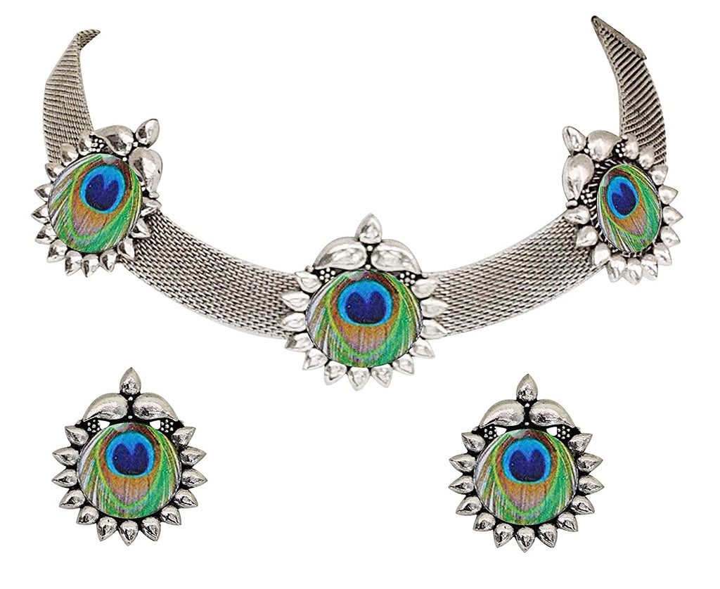 Silver-Plated Alloy Epoxy Peacock Oxidised Necklace - The Pari | Grocsy