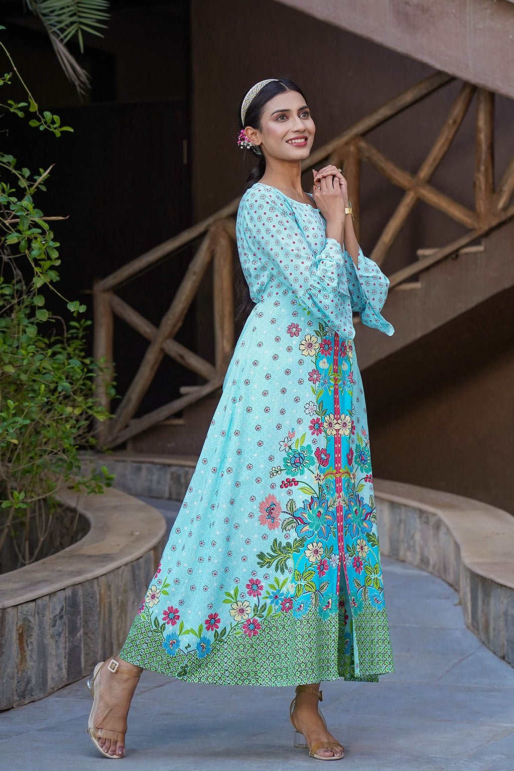 Juniper Women's Sky Blue Floral Printed Rayon Kurta With Buttons Closure At Back | Grocsy