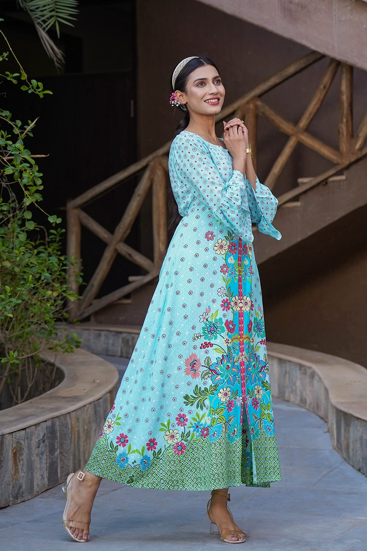 Juniper Women's Sky Blue Floral Printed Rayon Kurta With Buttons Closure At Back | Grocsy