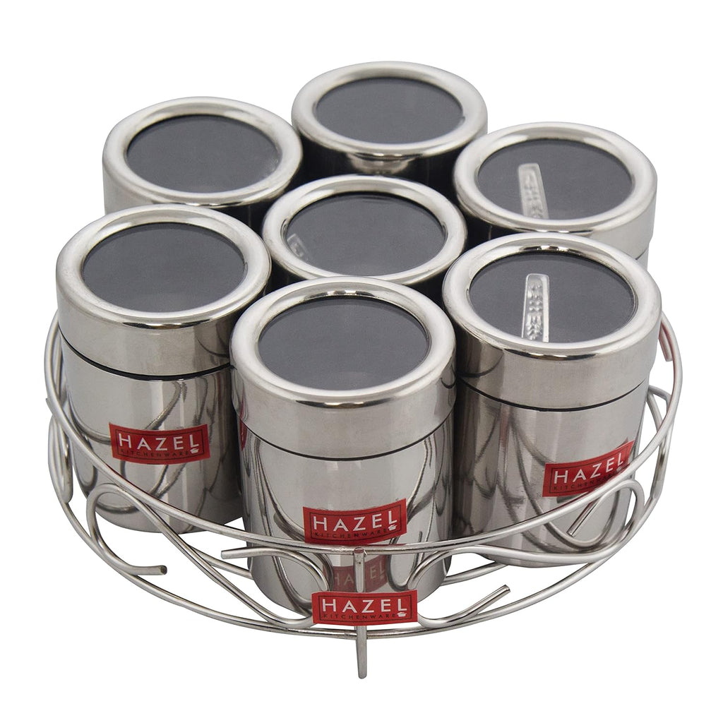 HAZEL Stainless Steel Masala Container|Masala Boxes for Kitchen with 7 Spoons(Set of 7) | Grocsy