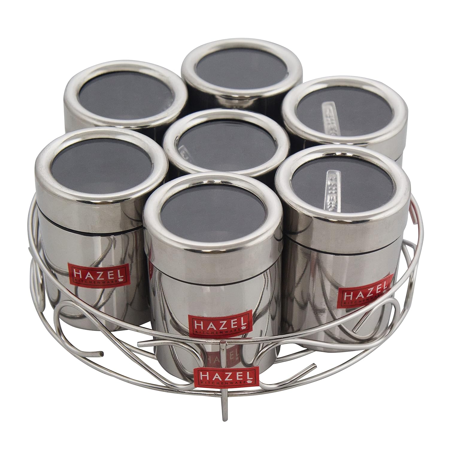 HAZEL Stainless Steel Masala Container|Masala Boxes for Kitchen with 7 Spoons(Set of 7) | Grocsy