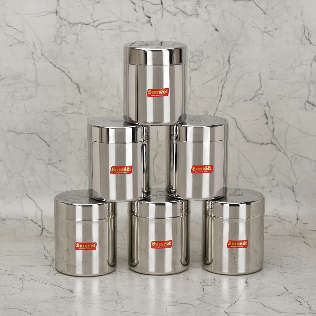 Sumeet Stainless Steel Small Canisters/Jars/Ubha Dabba/Storage Containers set of 6Pcs, 750 ML Capacity Each | Grocsy
