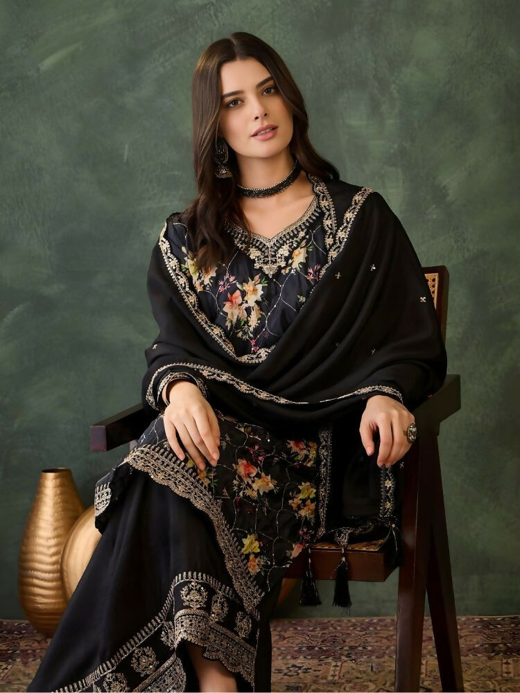 The52 Women's Gorgeous Embroidery Chinon Fabric Straight Kurta Palazzo and Dupatta Set | Grocsy