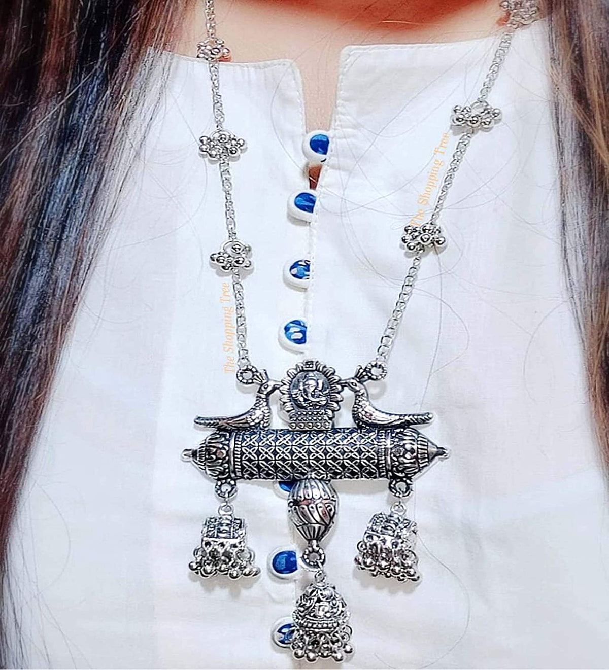 Silver-Plated Alloy Long Designer Oxidised Necklace - The Pari | Grocsy