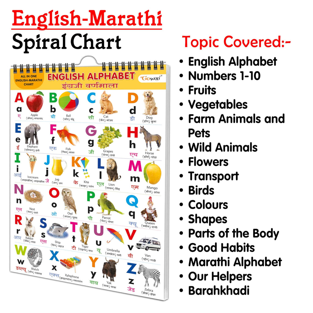 English-Marathi Chart For Kids (16 Charts ) 36 X 50 Cm - Children Spiral Wall Picture Chart | Grocsy