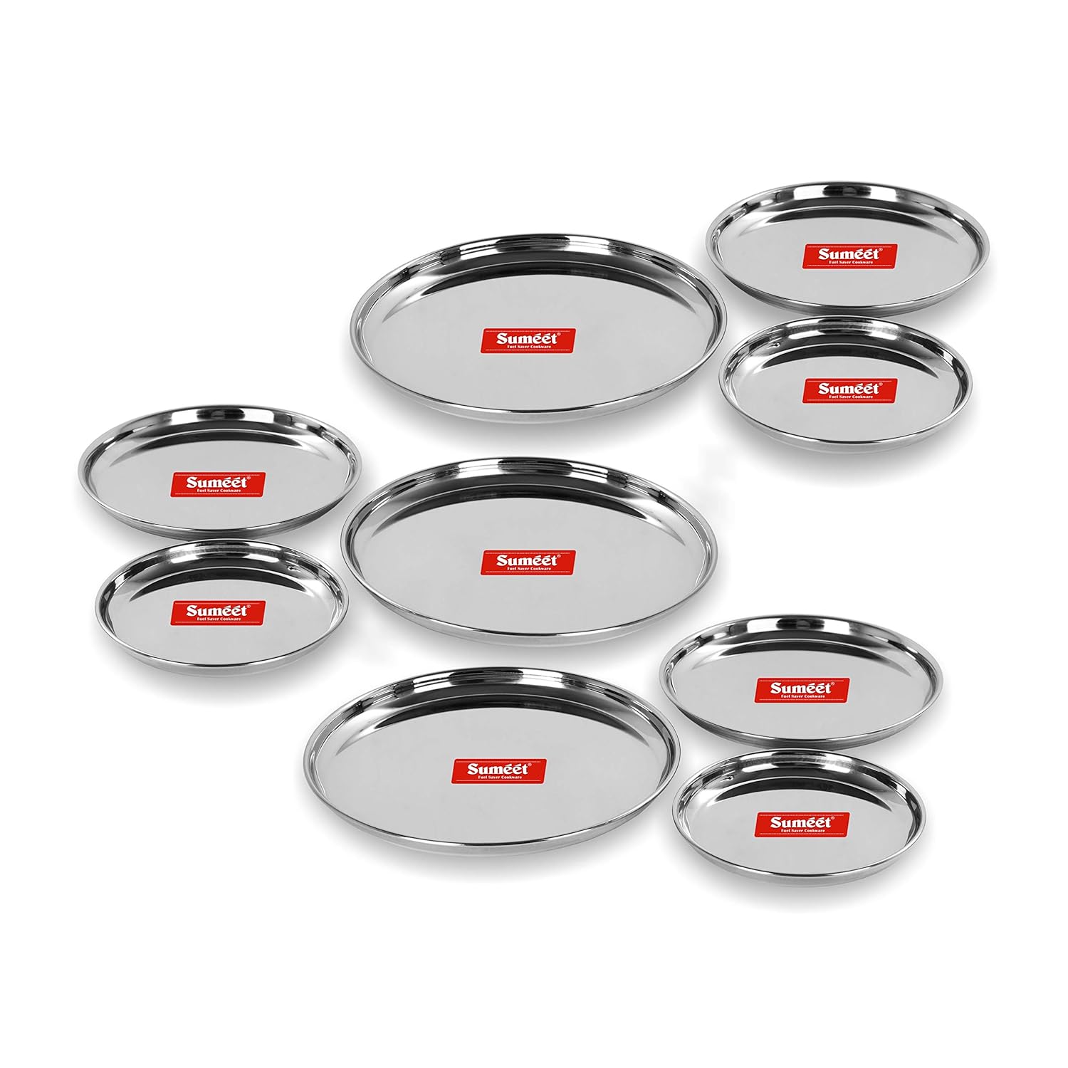 Sumeet Stainless Steel Heavy Gauge Multi Purpose Plates with Mirror Finish Set of 9pc (Dia - 17cm, 22cm,27.5cm) | Grocsy