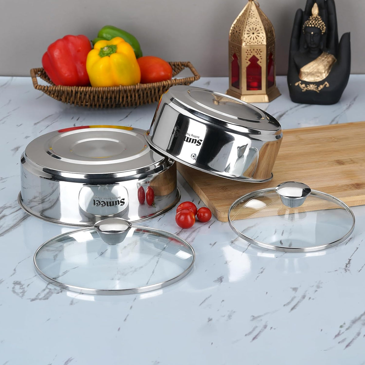 Sumeet Stainless Steel Casserole with Glass Lid | 2 Pieces - 1 Ltr & 1.6 Ltr | Grocsy