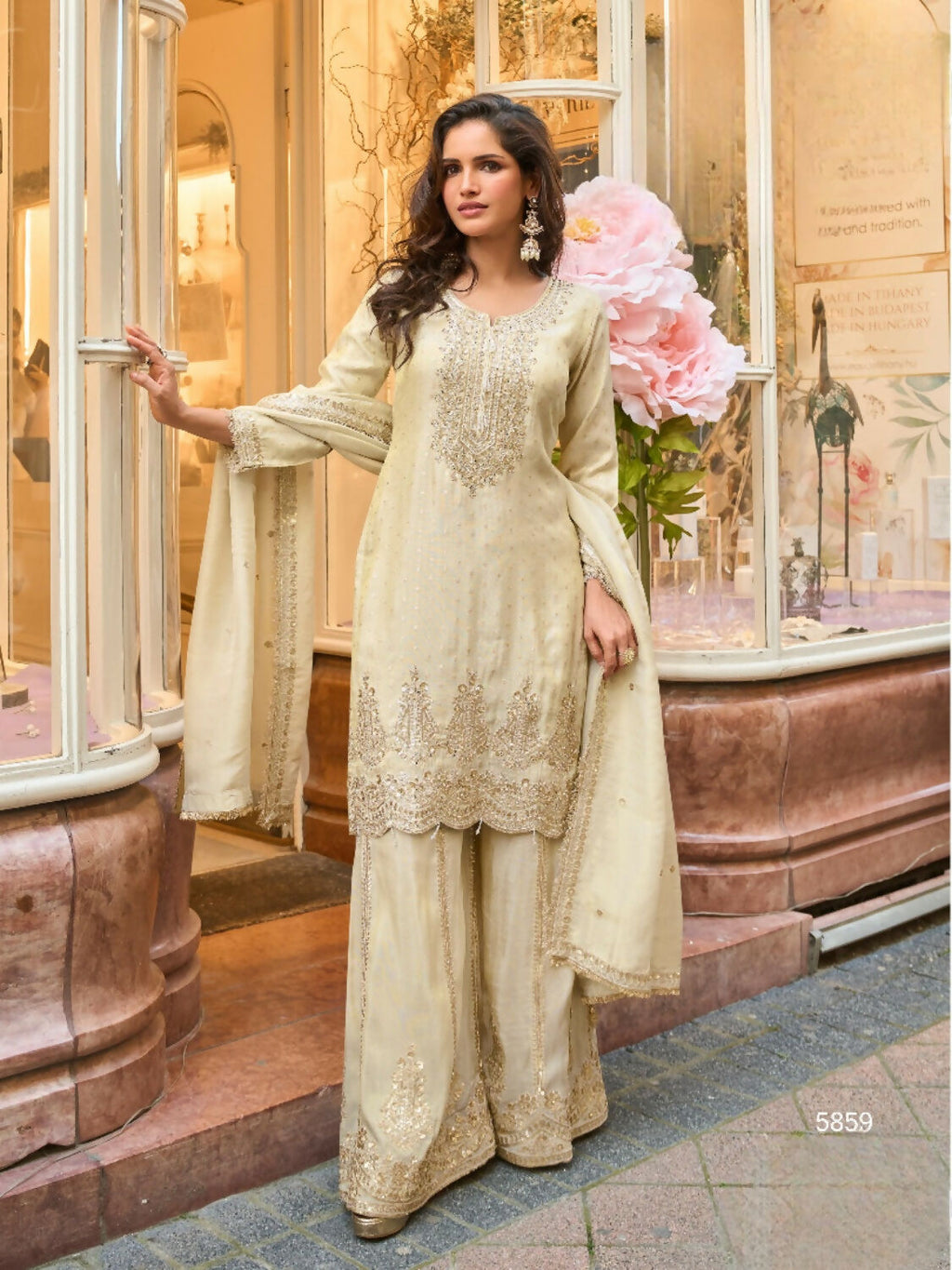 Anaita Beige Viscose Silk Readymade Palazzo Suit with Embroidery Work | Grocsy