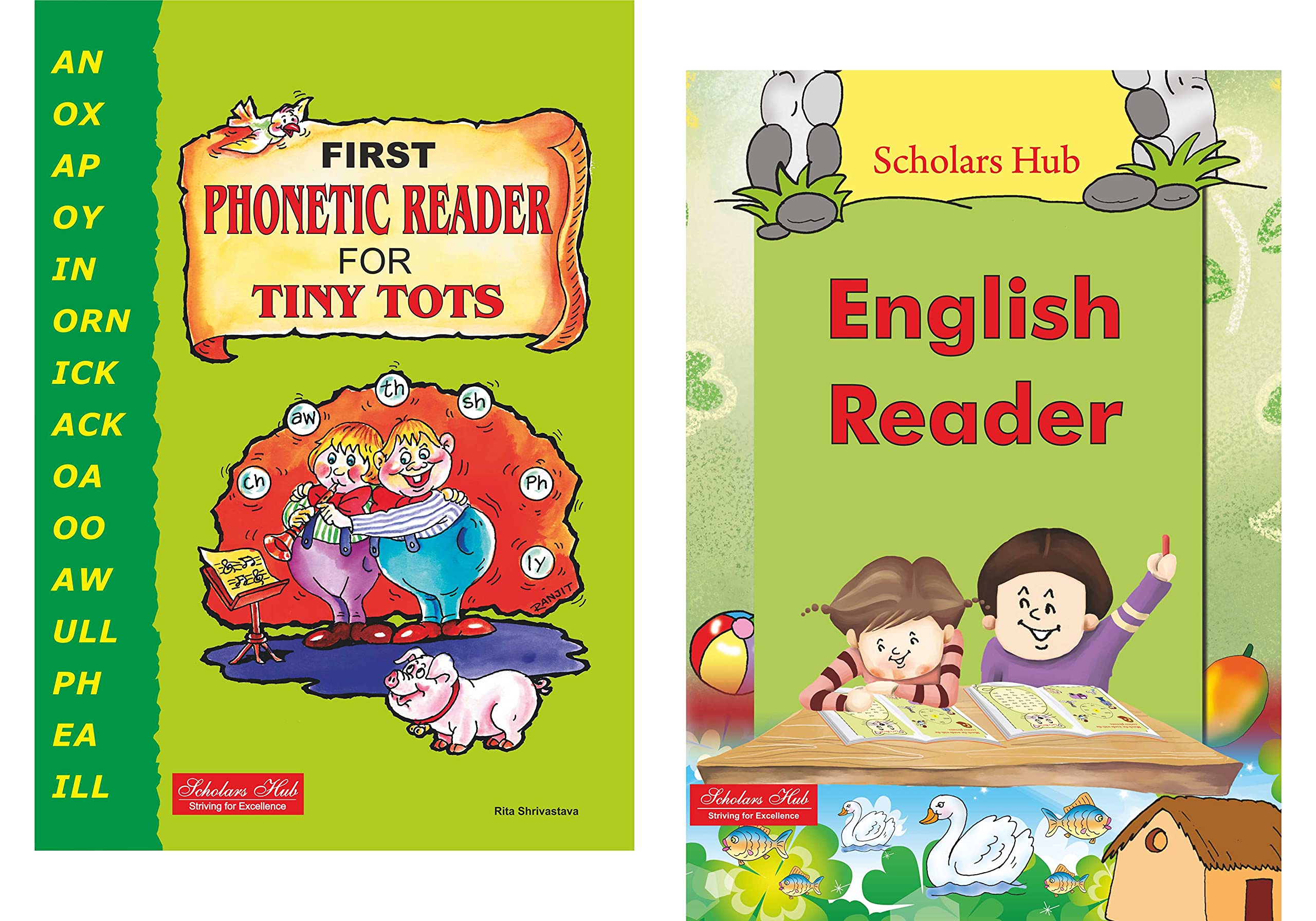 Scholars Hub Phonics Learning Book Combo-First Phonetic Reader For Tiny Tots & Scholars Hub English Reader (Set Of 2 Books) | Word Formatting| Sight Words | Sound To Words | Vowels | 3,4,5 Letter Words | Phonics Book For Ages 3-7 Years Old | Grocsy