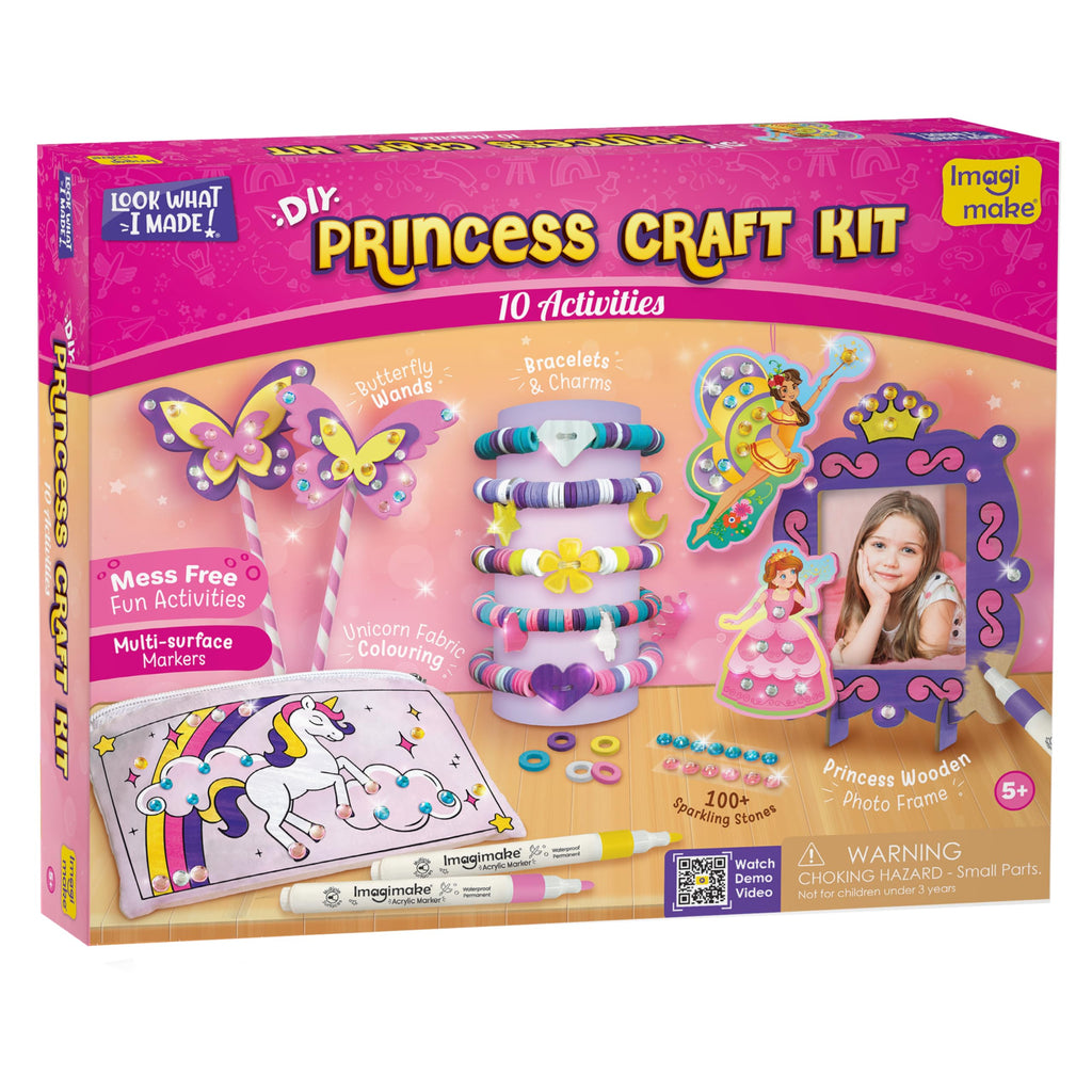 Imagimake Princess Craft Kit | 10 Mess-Free DIY Activities | Bracelet Making Kit, Unicorn Pouch, Butterfly Wands & Photo Frame | Girls Toys Age 6-8 | 5,6,7,8,9,10,11,12 Year Old Girl Birthday Gifts | Grocsy