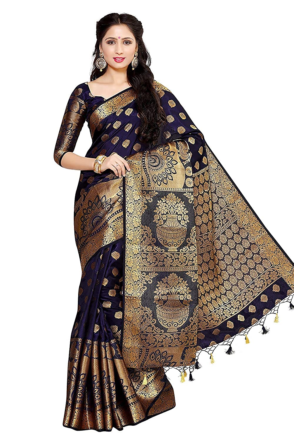 Mimosa Women's Kanchipuram Silk Saree With Unstitched Blouse Piece | Grocsy