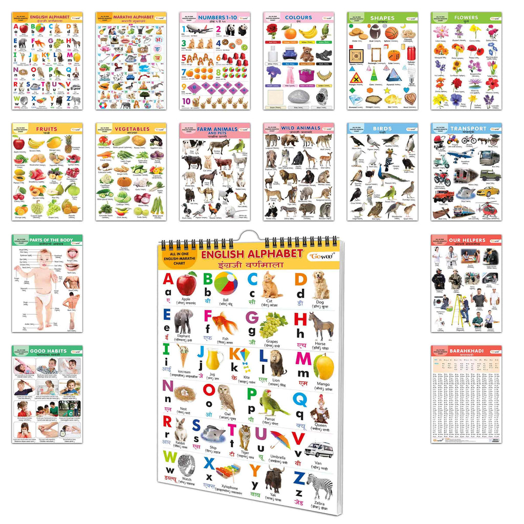 English-Marathi Chart For Kids (16 Charts ) 36 X 50 Cm - Children Spiral Wall Picture Chart | Grocsy