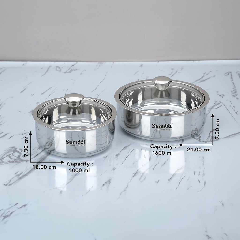 Sumeet Stainless Steel Casserole with Glass Lid | 2 Pieces - 1 Ltr & 1.6 Ltr | Grocsy