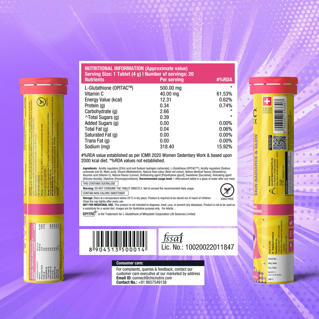 Chicnutrix Glow 500mg Effervescent Tablets - Strawberry & Lemon Flavor, For Glow & Radiance Skin | Grocsy