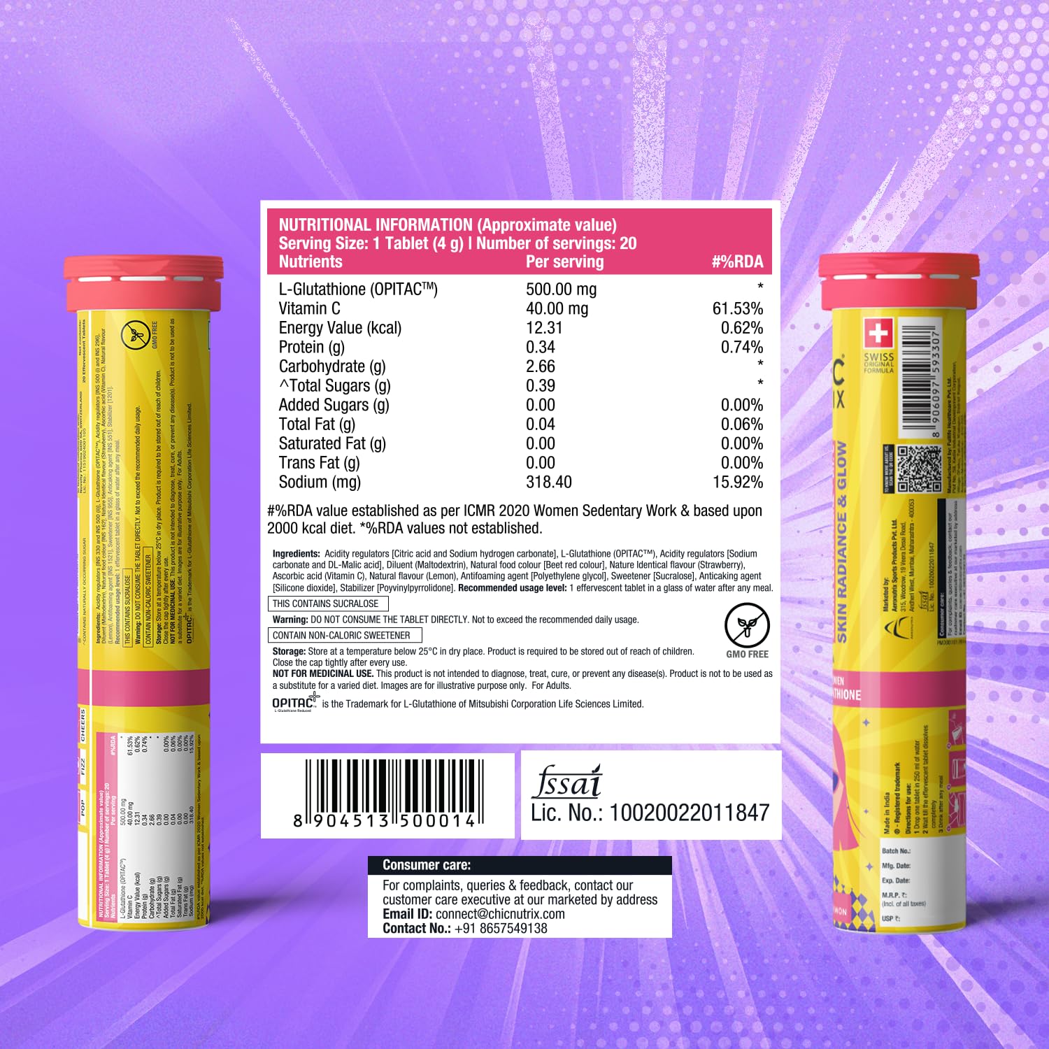 Chicnutrix Glow 500mg Effervescent Tablets - Strawberry & Lemon Flavor, For Glow & Radiance Skin | Grocsy