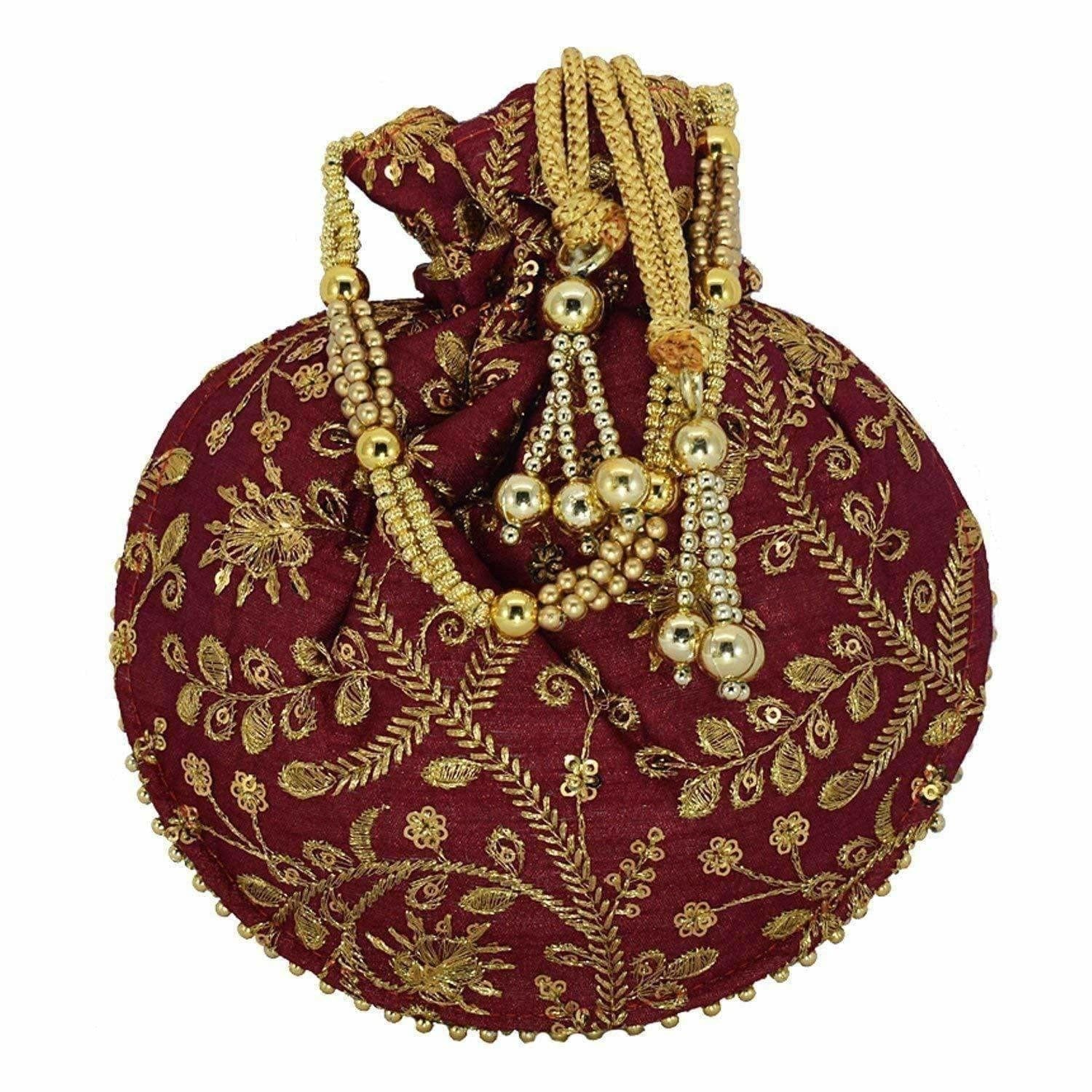 Ethnic Clutch Silk Potli Batwa Pouch Bag with Metal Bead work Gift | Grocsy