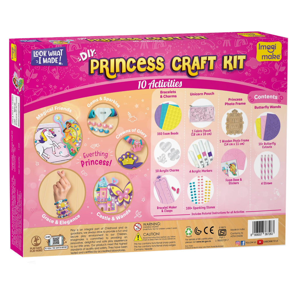 Imagimake Princess Craft Kit | 10 Mess-Free DIY Activities | Bracelet Making Kit, Unicorn Pouch, Butterfly Wands & Photo Frame | Girls Toys Age 6-8 | 5,6,7,8,9,10,11,12 Year Old Girl Birthday Gifts | Grocsy