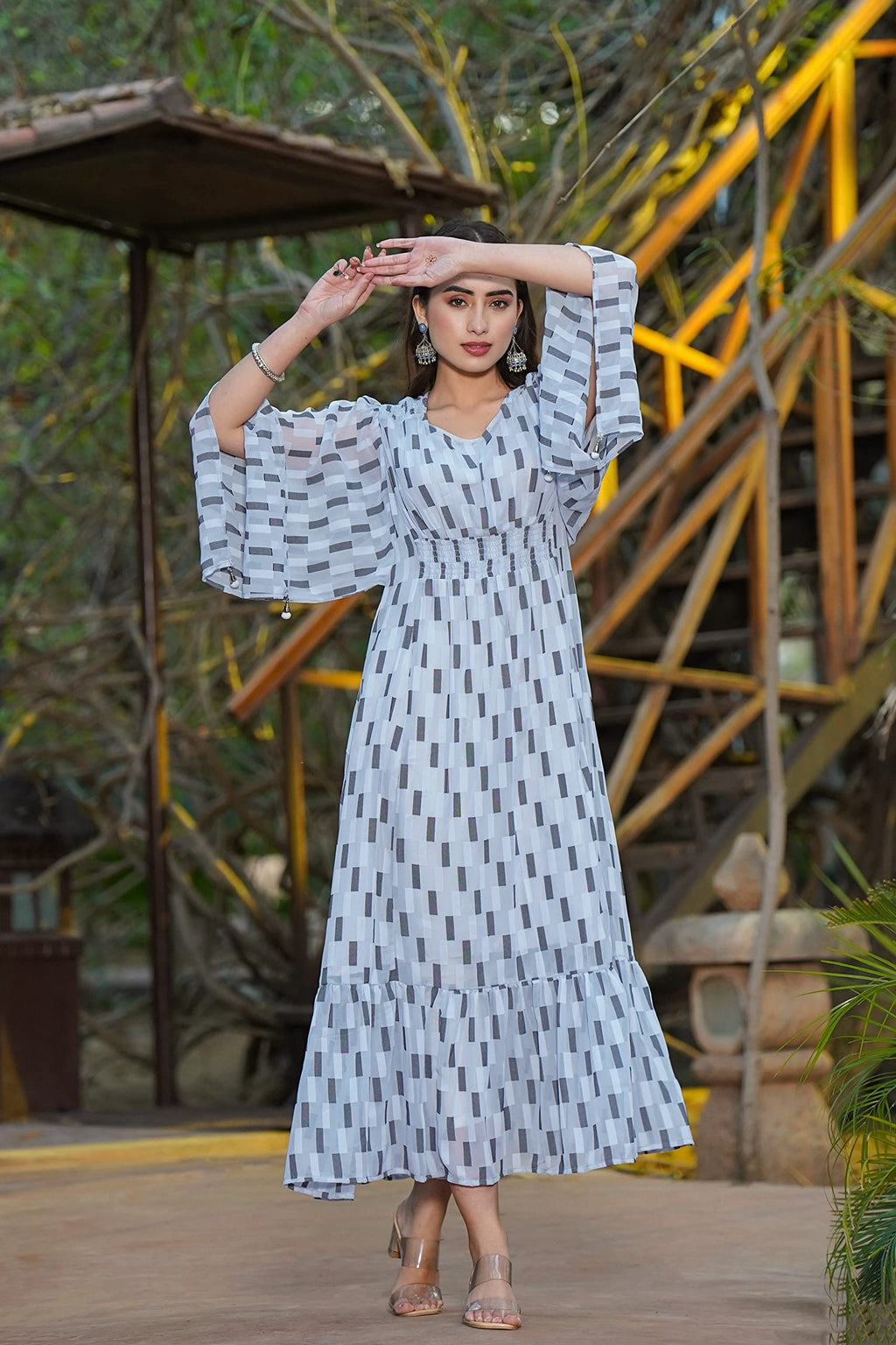 Juniper Women's Women Beautiful Grey Checked Tiered Dress | Grocsy