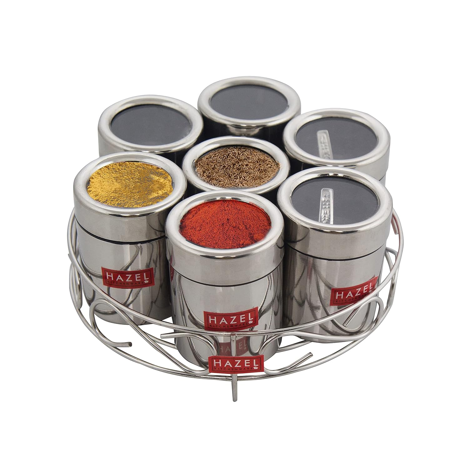 HAZEL Stainless Steel Masala Container|Masala Boxes for Kitchen with 7 Spoons(Set of 7) | Grocsy