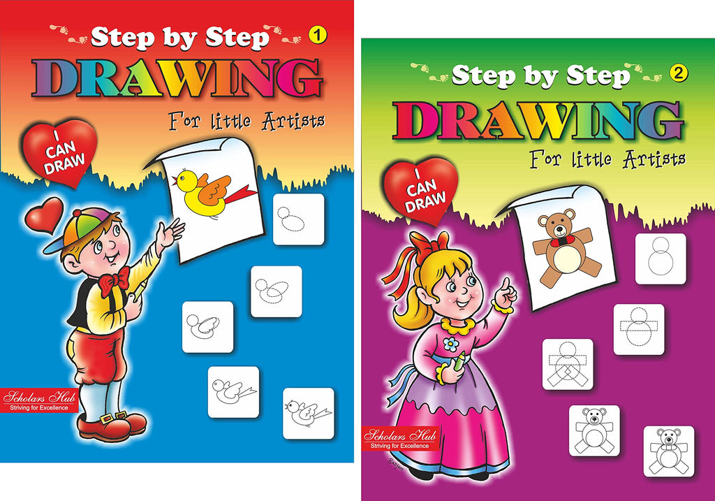 Coloring Book For Kids: Scholars Hub Step By Step Drawing Book -Vol 1, Vol 2 ( Set Of 2 Books) | 48 Pages | Grocsy