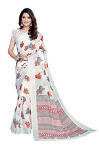 Mirchi Fashion Women's White Cotton Blend Blossom Leafs Printed Saree | Grocsy