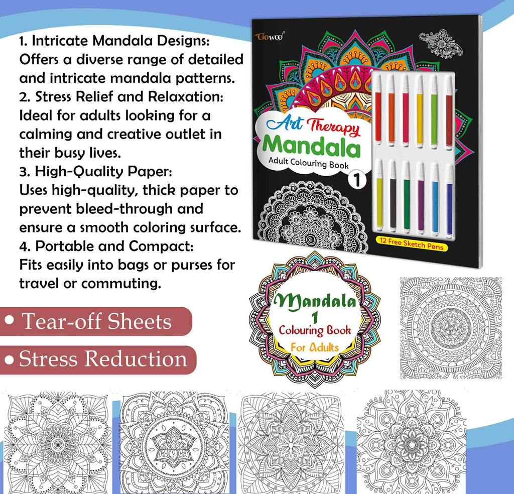 Art Therapy Mandala Adult Colouring Book 1: Mandala Colouring Book, Adult Coloring Book Kit With 12 Sketch Pens, Fun For Adults, Relaxing Coloring Workbook | Grocsy