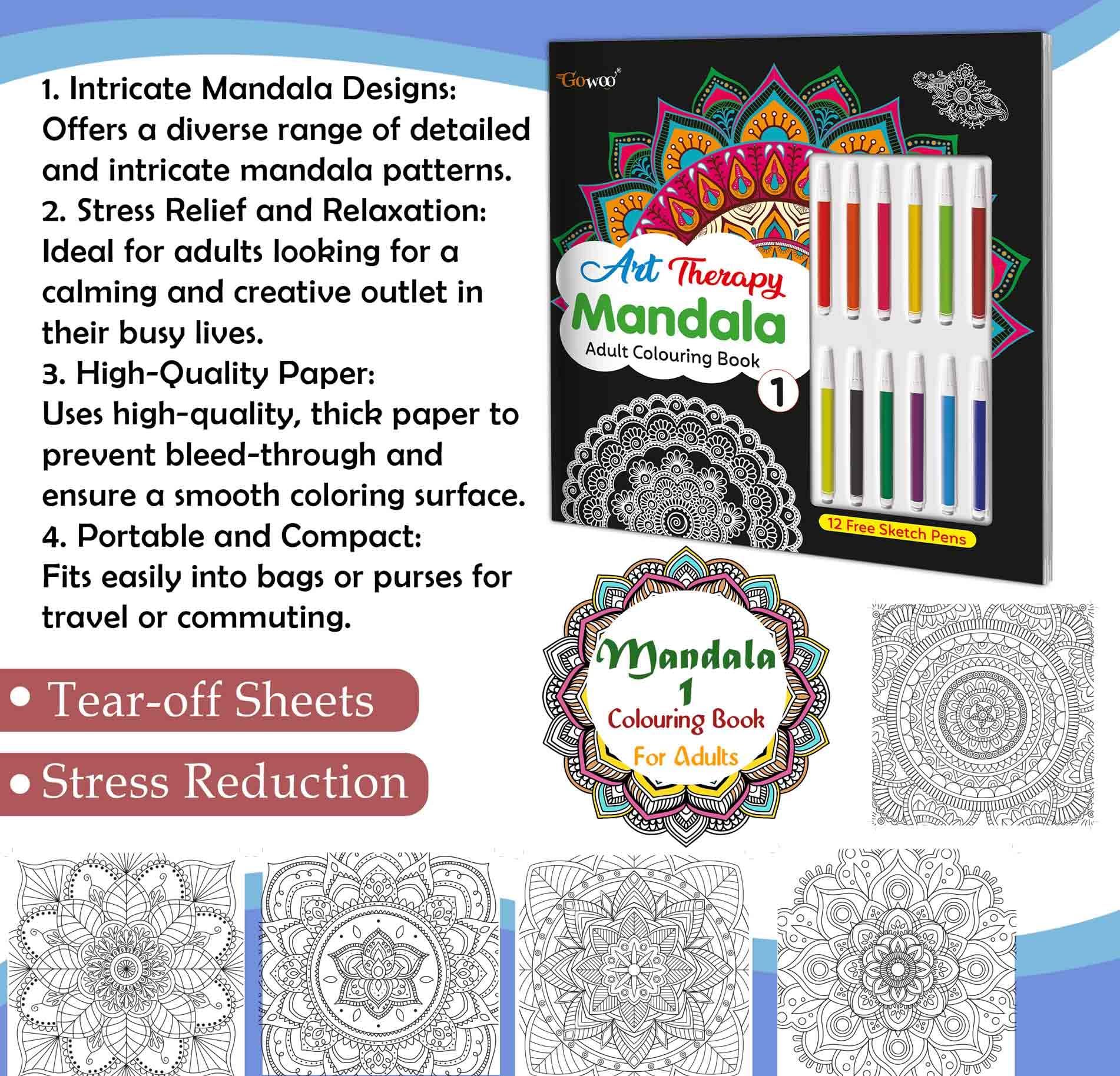 Art Therapy Mandala Adult Colouring Book 1: Mandala Colouring Book, Adult Coloring Book Kit With 12 Sketch Pens, Fun For Adults, Relaxing Coloring Workbook | Grocsy