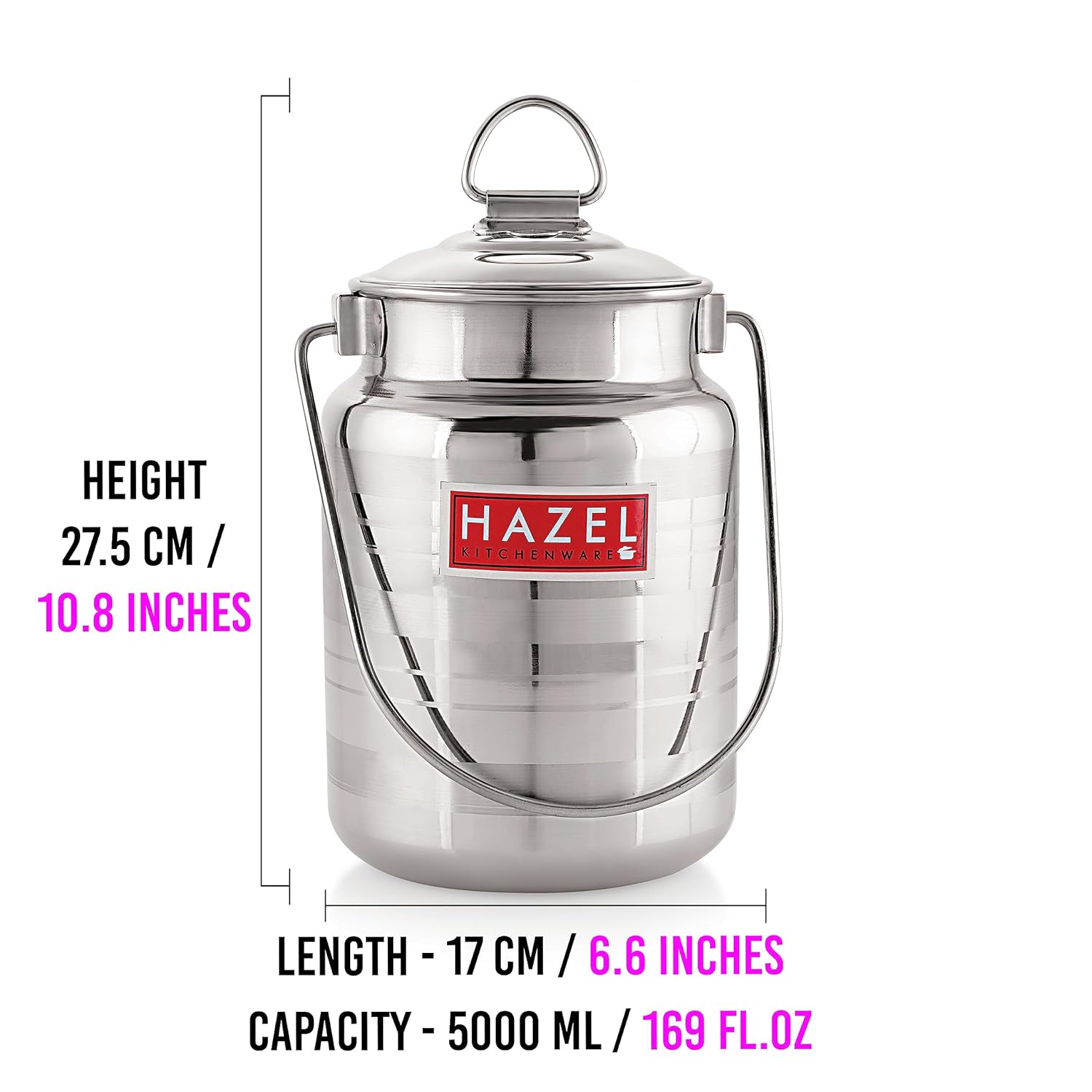 HAZEL Stainless Steel Ghee Oil Milk Container for Kitchen|Capacity of 5000 ml, Silver | Grocsy