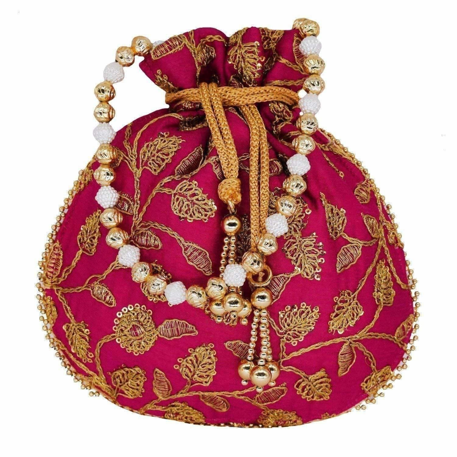 Ethnic Silk Potli bag Clutch Batwa Pouch with Embroidery and Metal Bead work Gift For Women | Grocsy