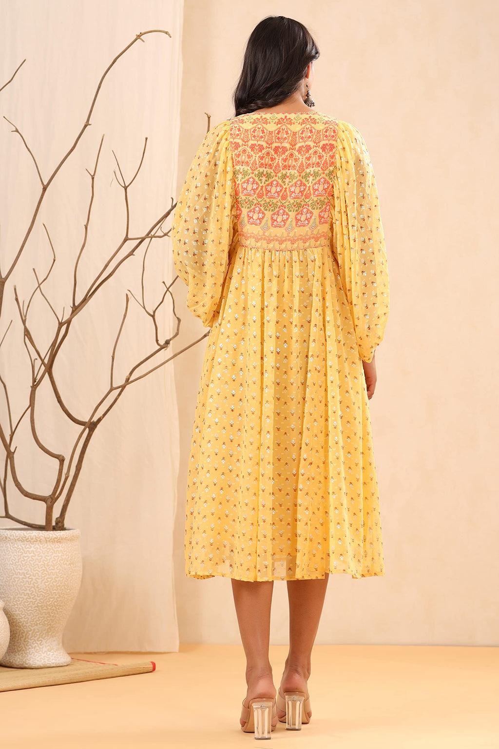 Juniper Women's Yellow Ethnic Motif Printed Georgette Midi Dress With Sequins Work | Grocsy