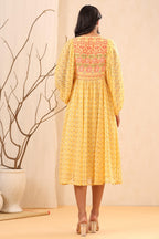 Juniper Women's Yellow Ethnic Motif Printed Georgette Midi Dress With Sequins Work | Grocsy