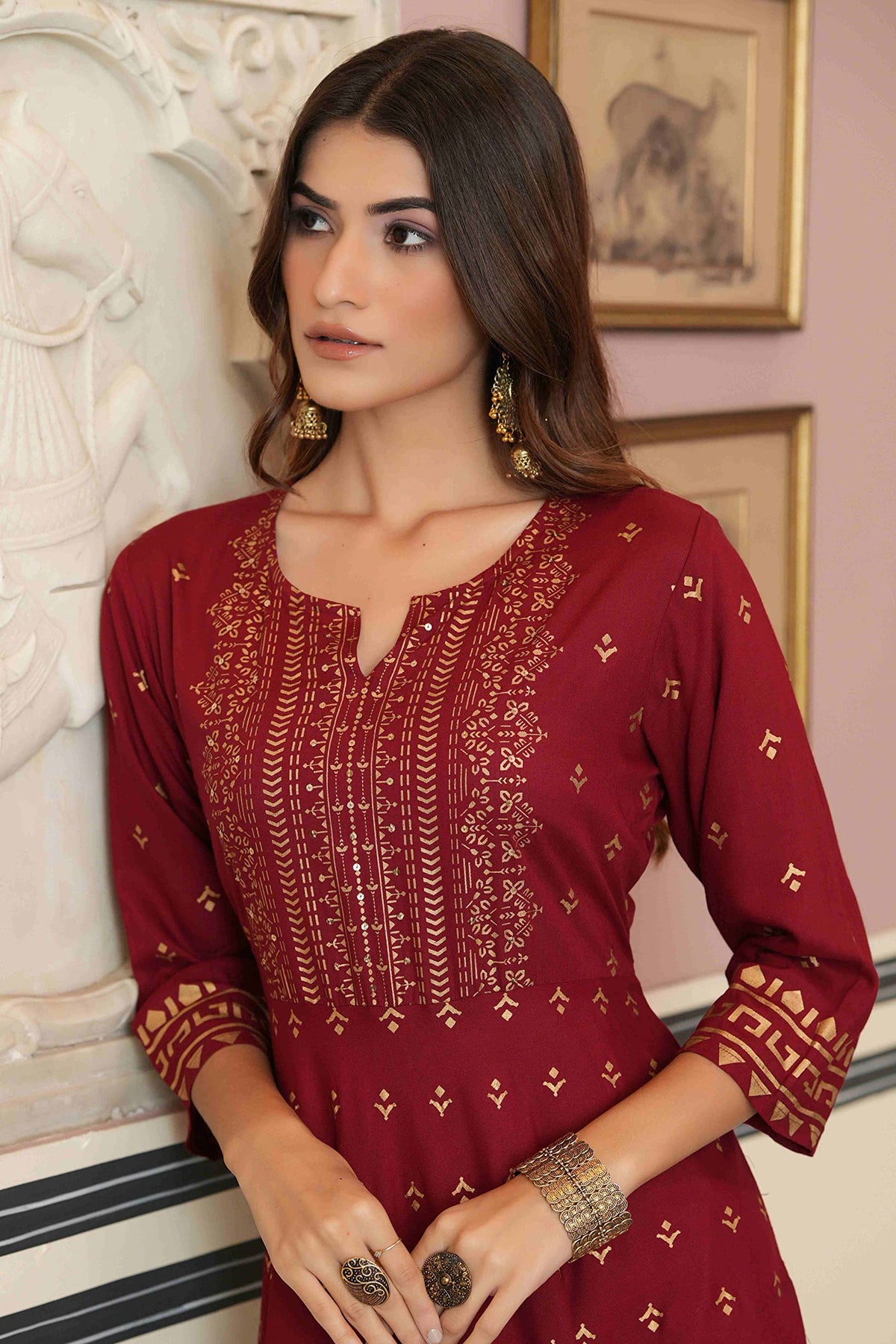 Juniper Women's Maroon Ethnic Motif Printed Rayon Kurta With Sequins | Grocsy