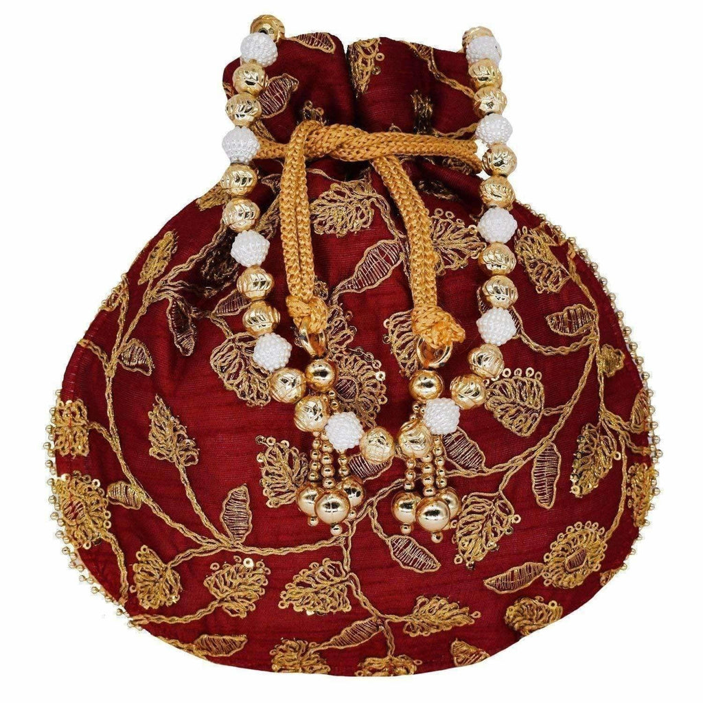 Ethnic Silk Potli bag Clutch Batwa Pouch with Embroidery and Metal Bead work Gift For Women | Grocsy