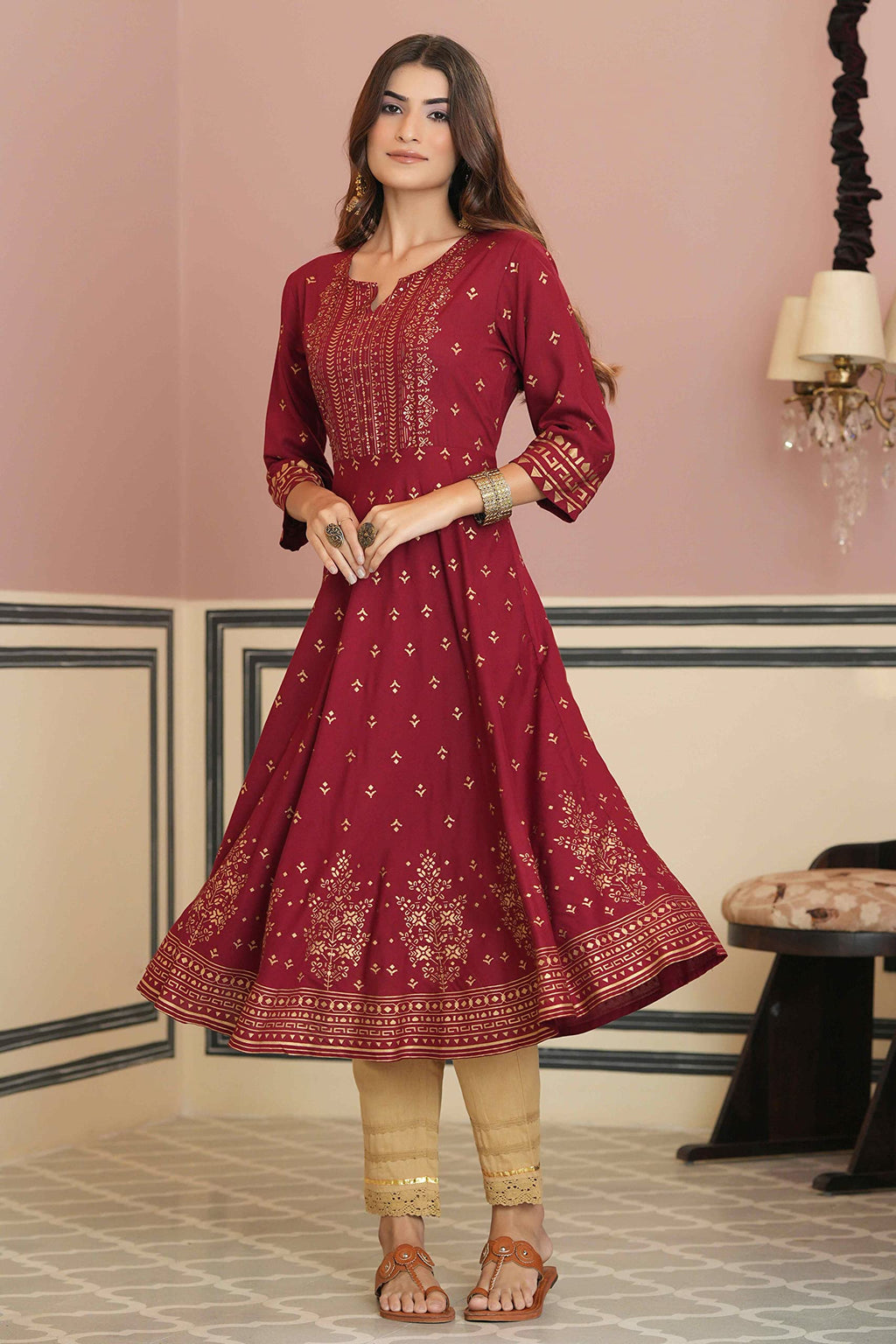 Juniper Women's Maroon Ethnic Motif Printed Rayon Kurta With Sequins | Grocsy