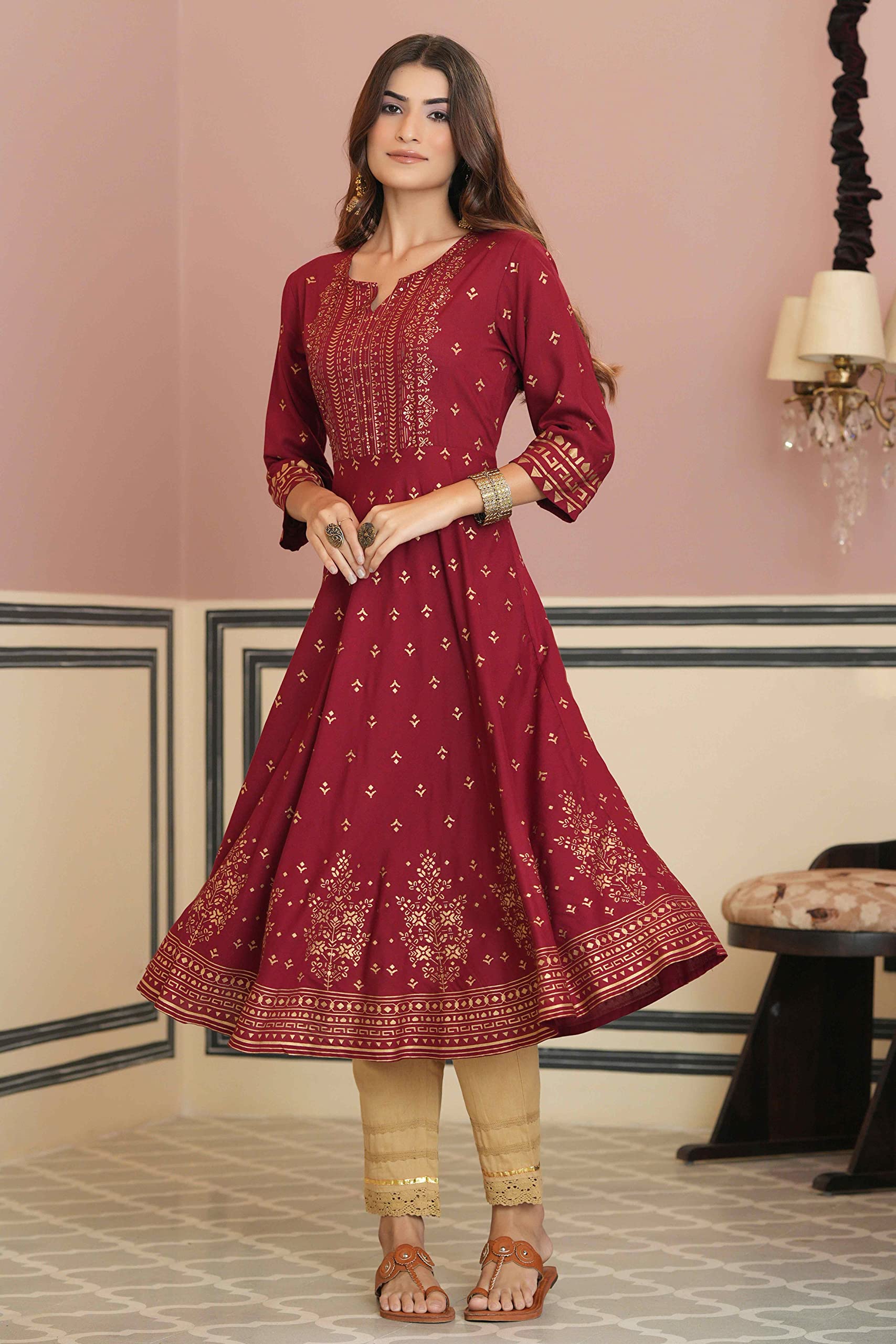 Juniper Women's Maroon Ethnic Motif Printed Rayon Kurta With Sequins | Grocsy