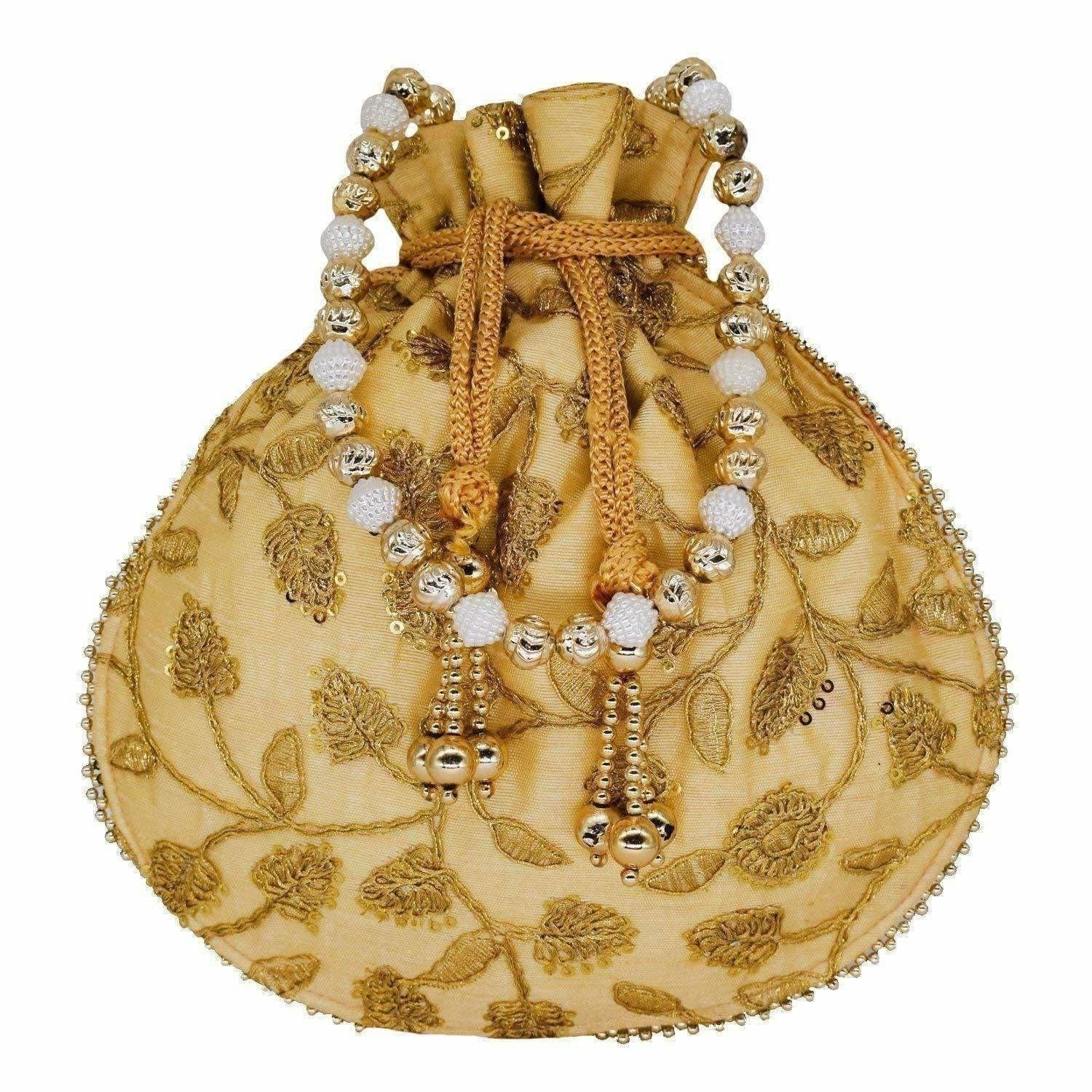Ethnic Silk Potli bag Clutch Batwa Pouch with Embroidery and Metal Bead work Gift For Women | Grocsy