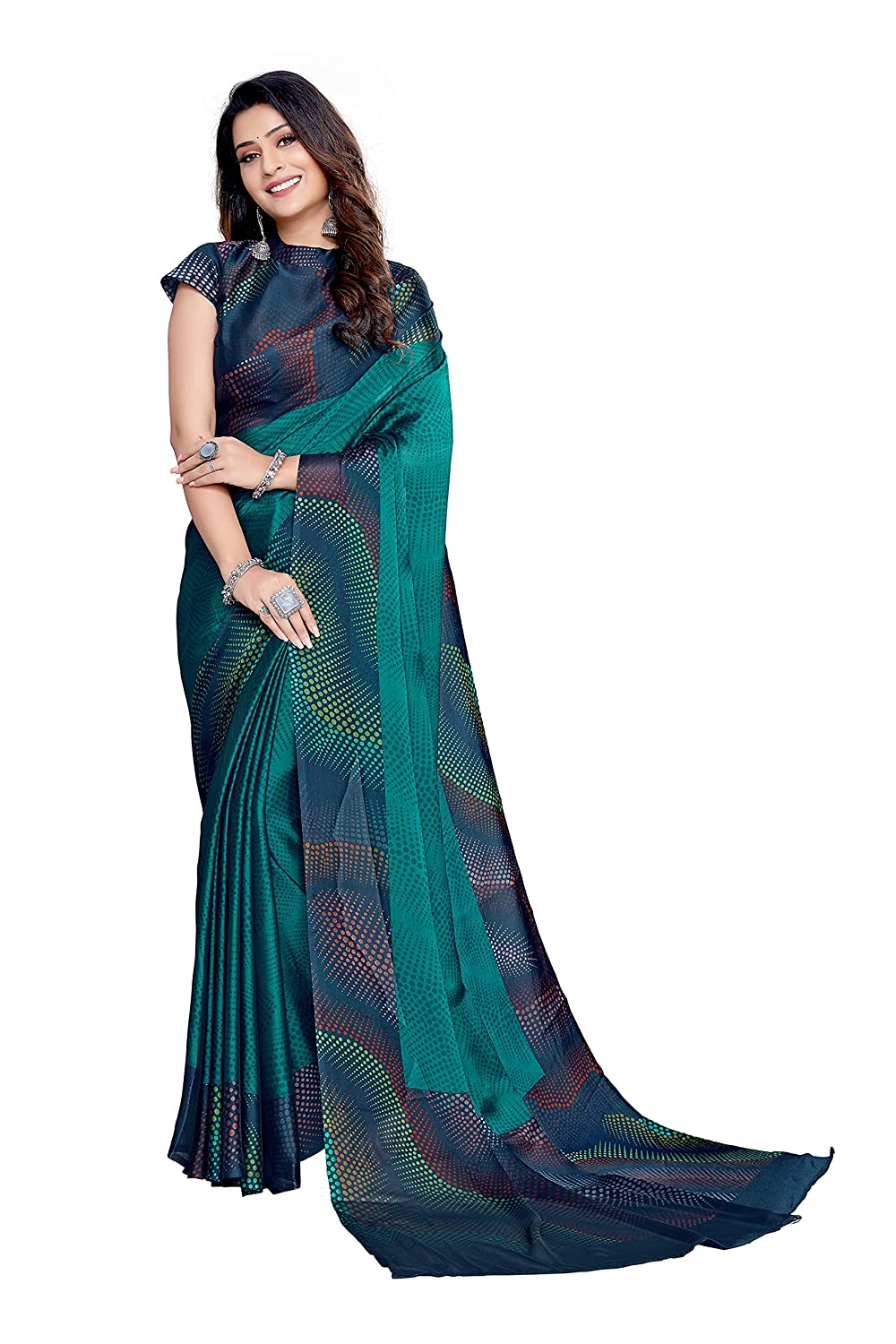 Mirchi Fashion Women's Teal Chiffon Colorful Moire Prints Saree | Grocsy