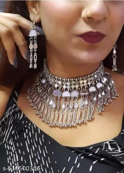 Tehzeeb Creations Women's Silver Colour Oxidised Necklace Set With Mirror Work | Grocsy
