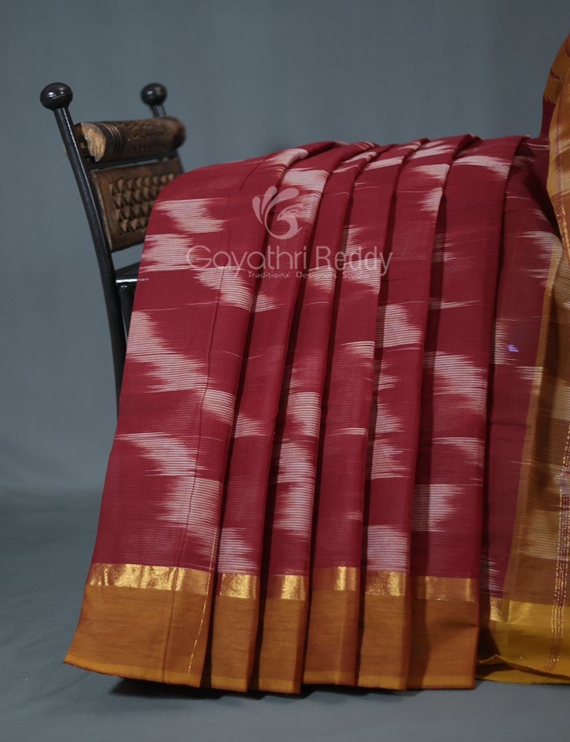 Dual Shades of Maroon And Chikoo Mangalagiri Ikkat Cotton Saree By Gayathri Reddy Designer Studio | Grocsy