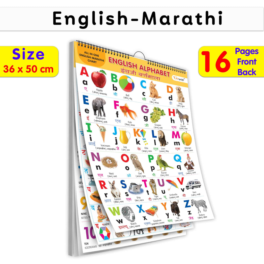 English-Marathi Chart For Kids (16 Charts ) 36 X 50 Cm - Children Spiral Wall Picture Chart | Grocsy