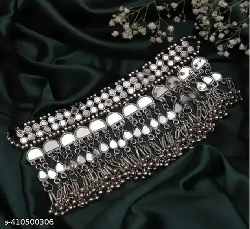 Tehzeeb Creations Women's Silver Colour Oxidised Necklace Set With Mirror Work | Grocsy