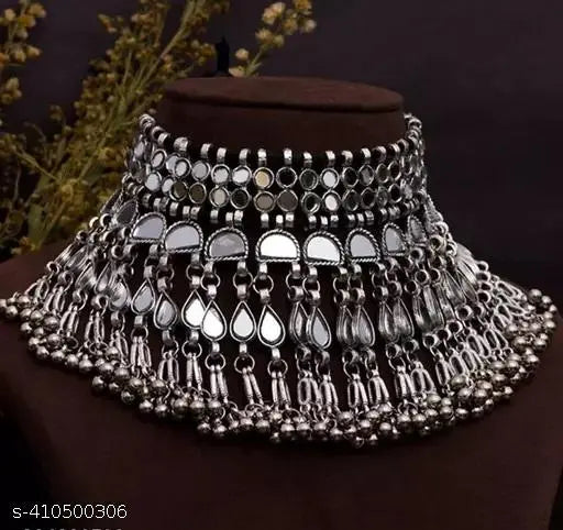 Tehzeeb Creations Women's Silver Colour Oxidised Necklace Set With Mirror Work | Grocsy