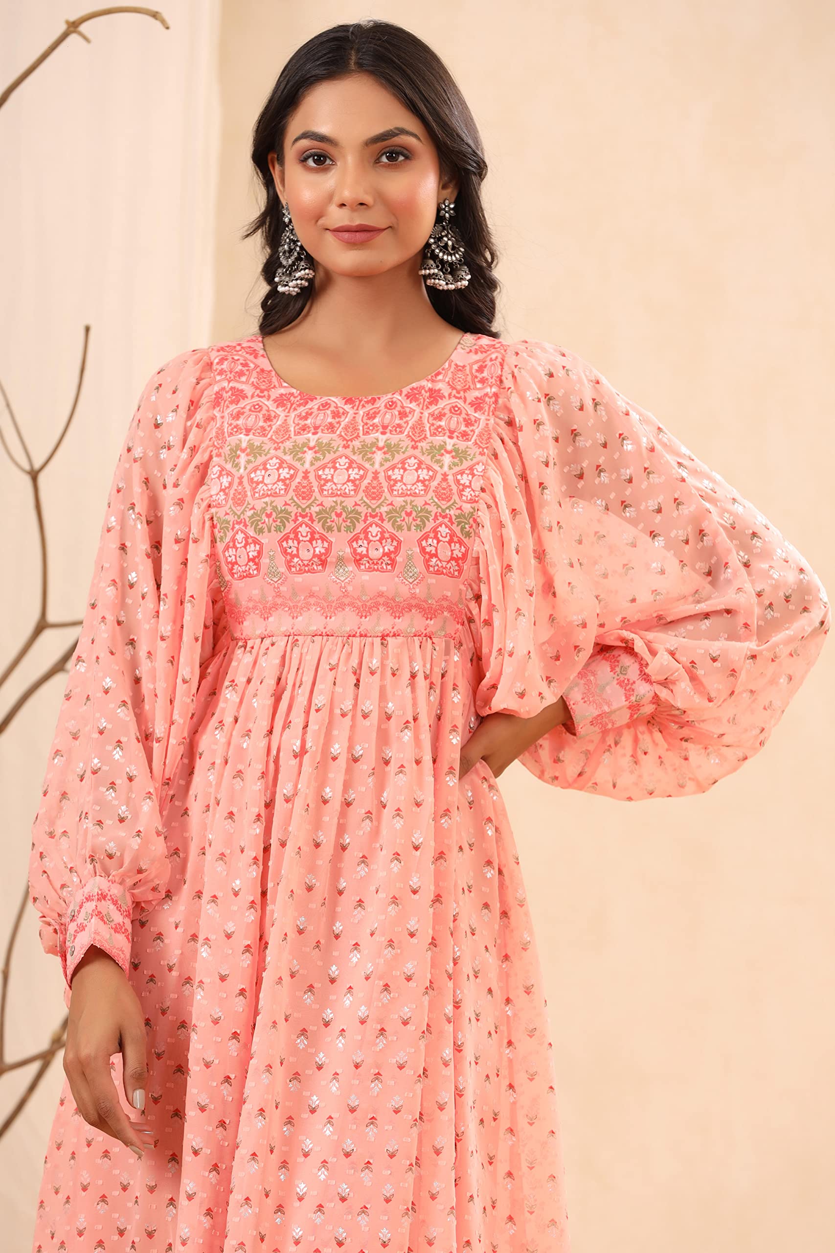 Juniper Women's Peach Ethnic Motif Printed Georgette Midi Dress With Sequins Work | Grocsy